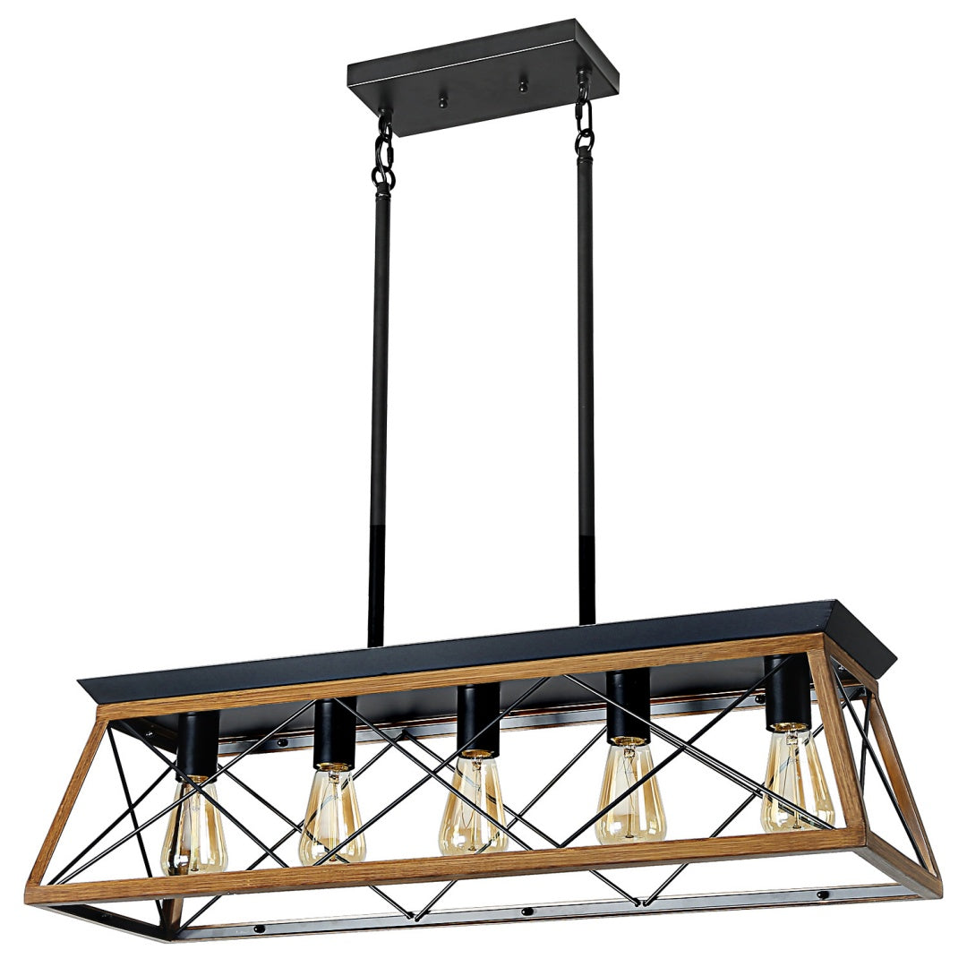 32in  Walnut Industrial 5-Light Pendant Chandelier, Modern Metal Cage Design, Adjustable Hanging Light For Dining Room, Kitchen, Living Room -No Bulbs
