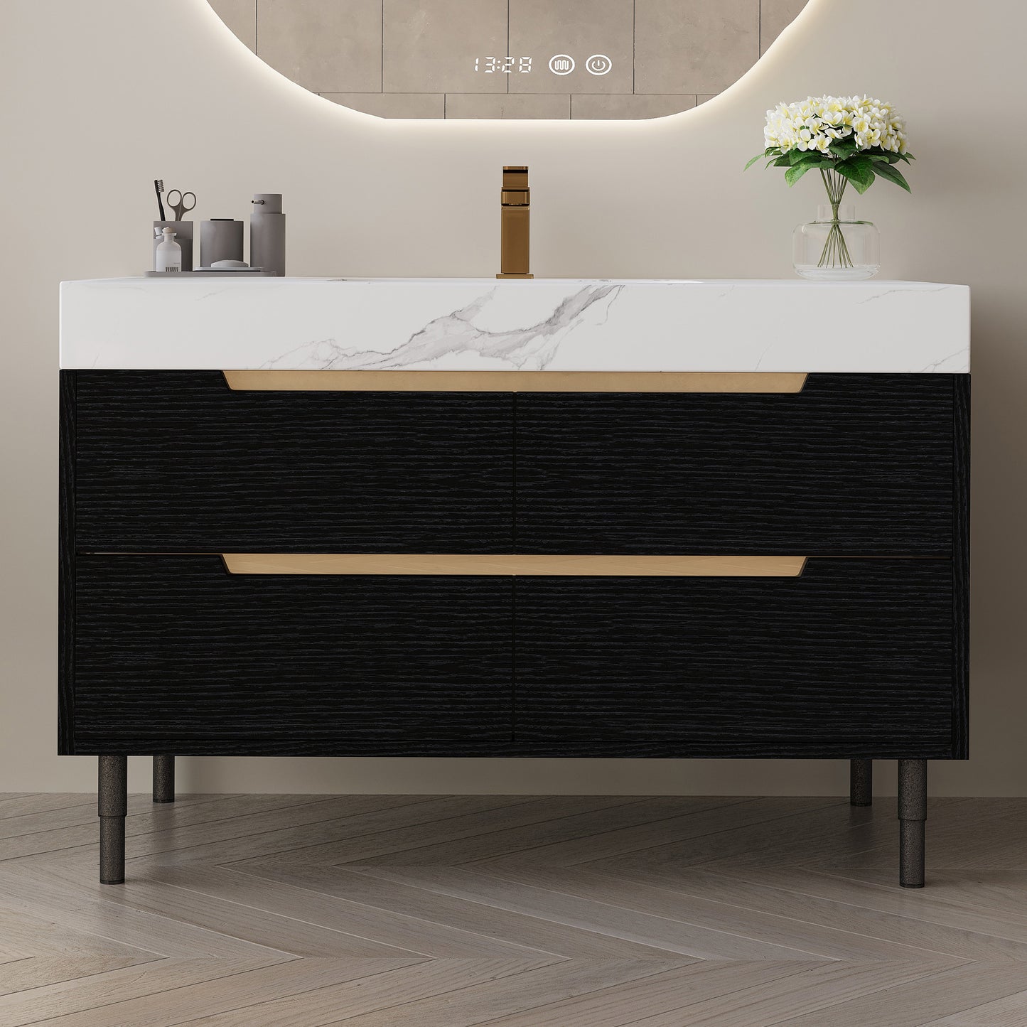 35.4 Modern Bathroom Vanity With Undermount Sink, Sintered Stone Top, Waterproof Multi-layer Solid Wood, 4 Drawers Storage, Free Standing Wall-Mounted