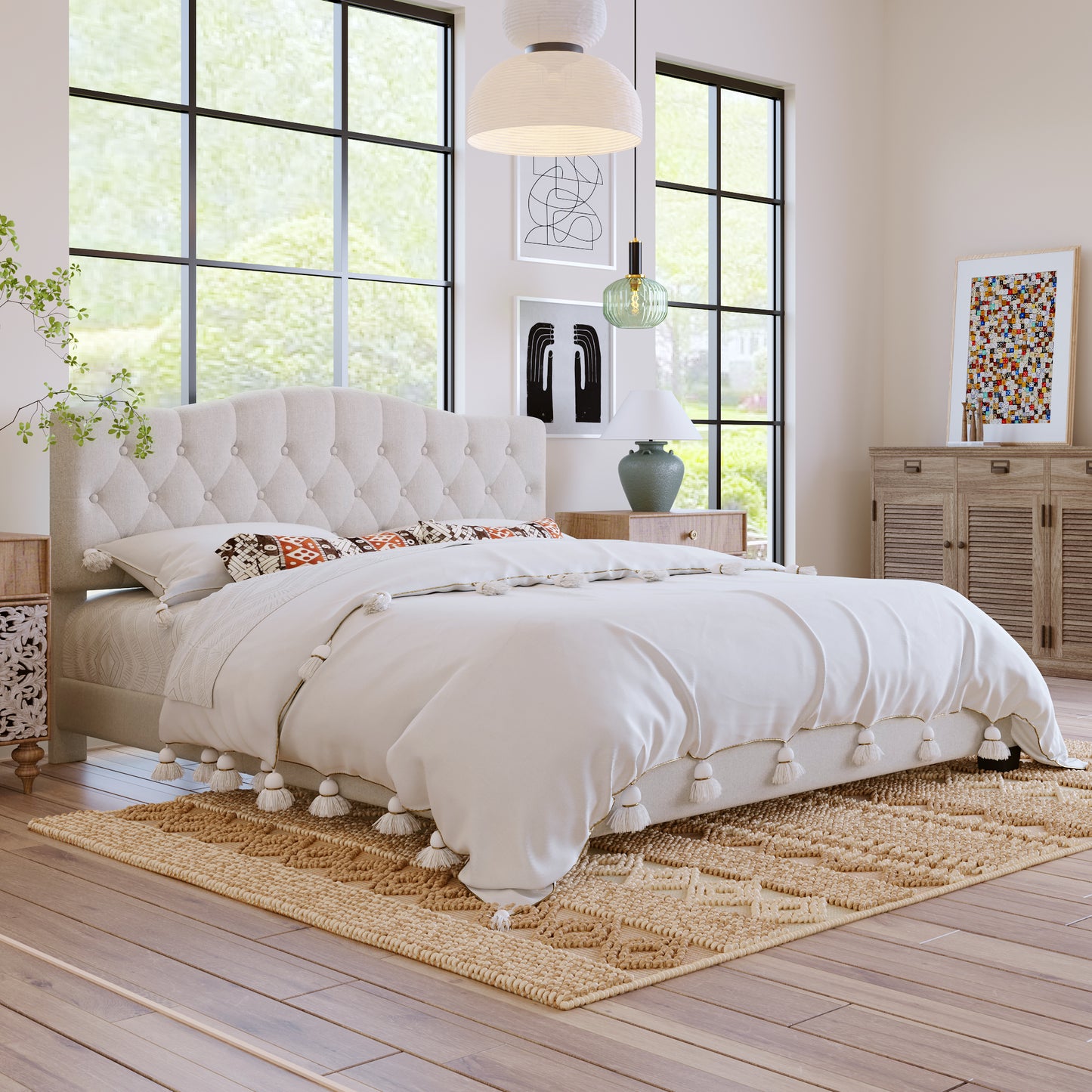 Upholstered Platform Bed With Saddle Curved Adjustable Headboard And Diamond Tufted Details,Wooden Slats And Metal Support, No Box Spring Needed,King, Beige