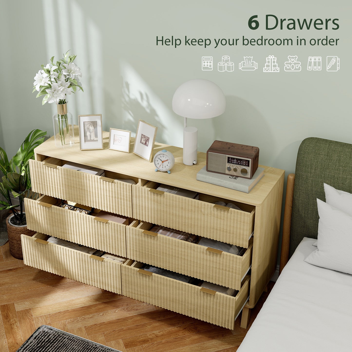 6 Drawer Double Dresser For Bedroom, Fluted Chest Of Drawers With Gold Finger Pulls And 5 Wood Legs, Natural Wood