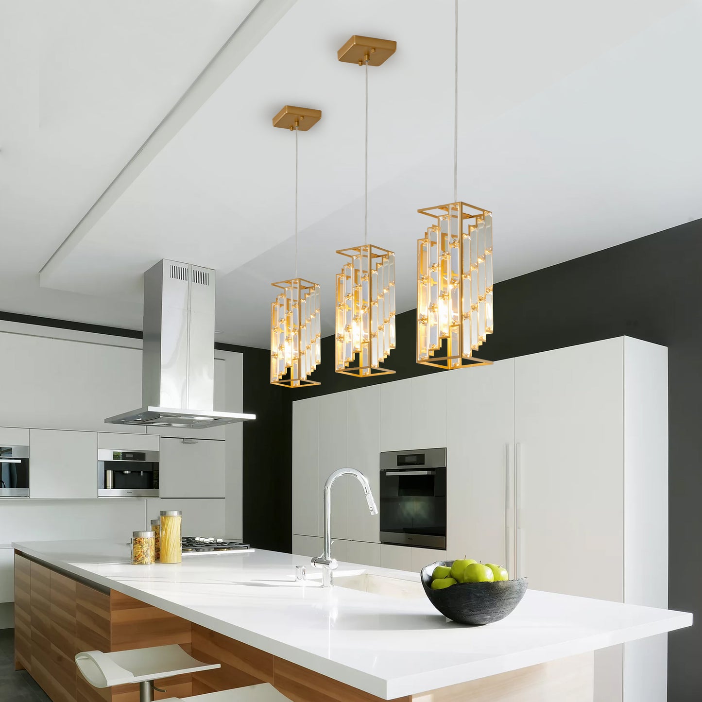 4in Modern Crystal Pendant Light - 3 Pack, Adjustable Hanging Ceiling Lamp With Crystal Prism Design For Dining Room, Kitchen Island, And Living Room -Golden Finish