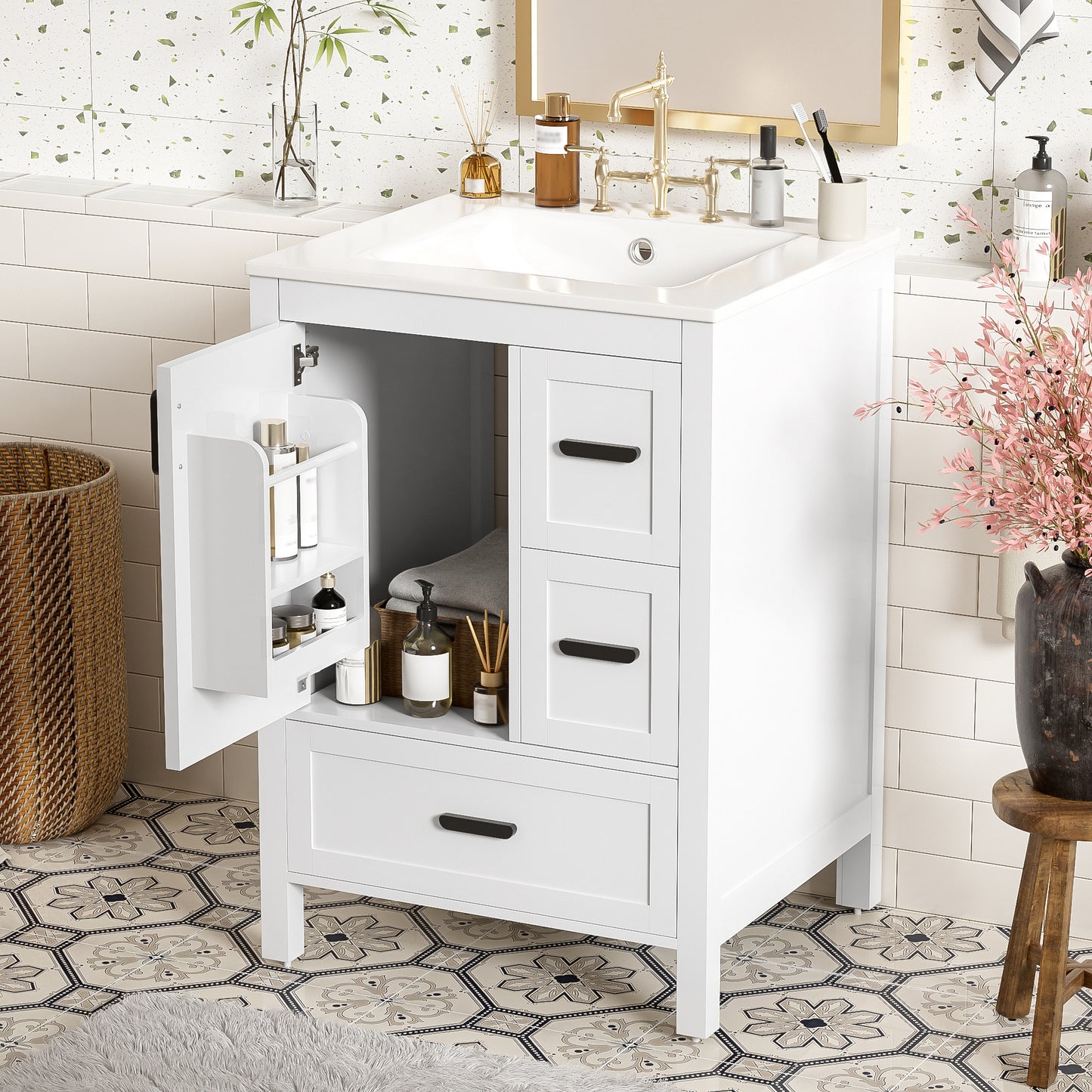 Modern 24-inch Bathroom Vanity With Ceramic Sink, Soft-Close Door, Double-Layer Door Shelf, And 3 Drawers