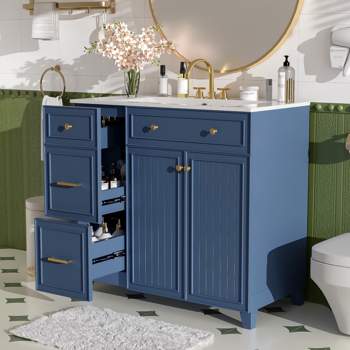 36  Bathroom Vanity With Ceramic Sink, Standard And Double-Layer Drawers, Soft Close Doors, Adjustable Shelves, Modern Storage Cabinet For Small And Medium Bathrooms