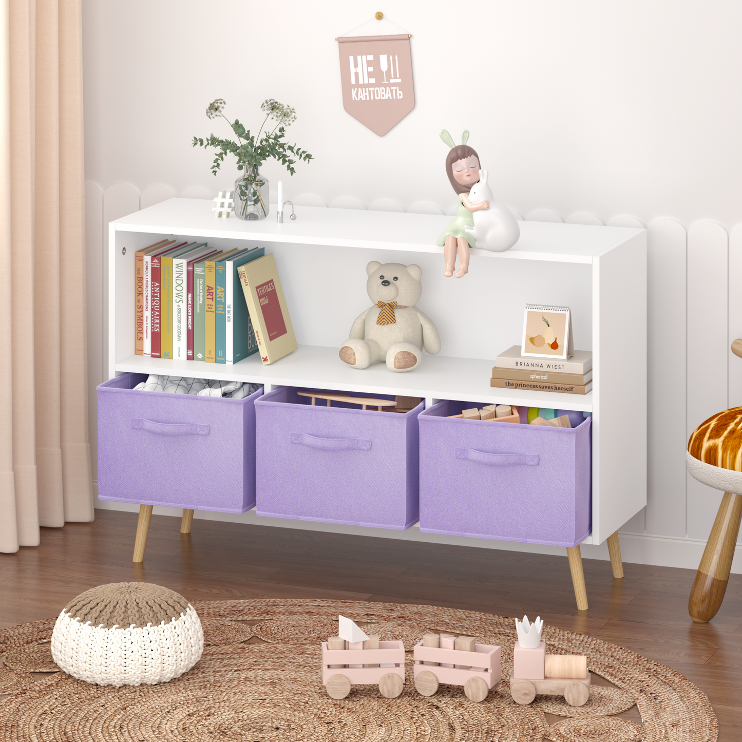 Kids Bookcase With Collapsible Fabric Drawers, Children's Book Display, Toy Storage Cabinet Organizer, White Purple