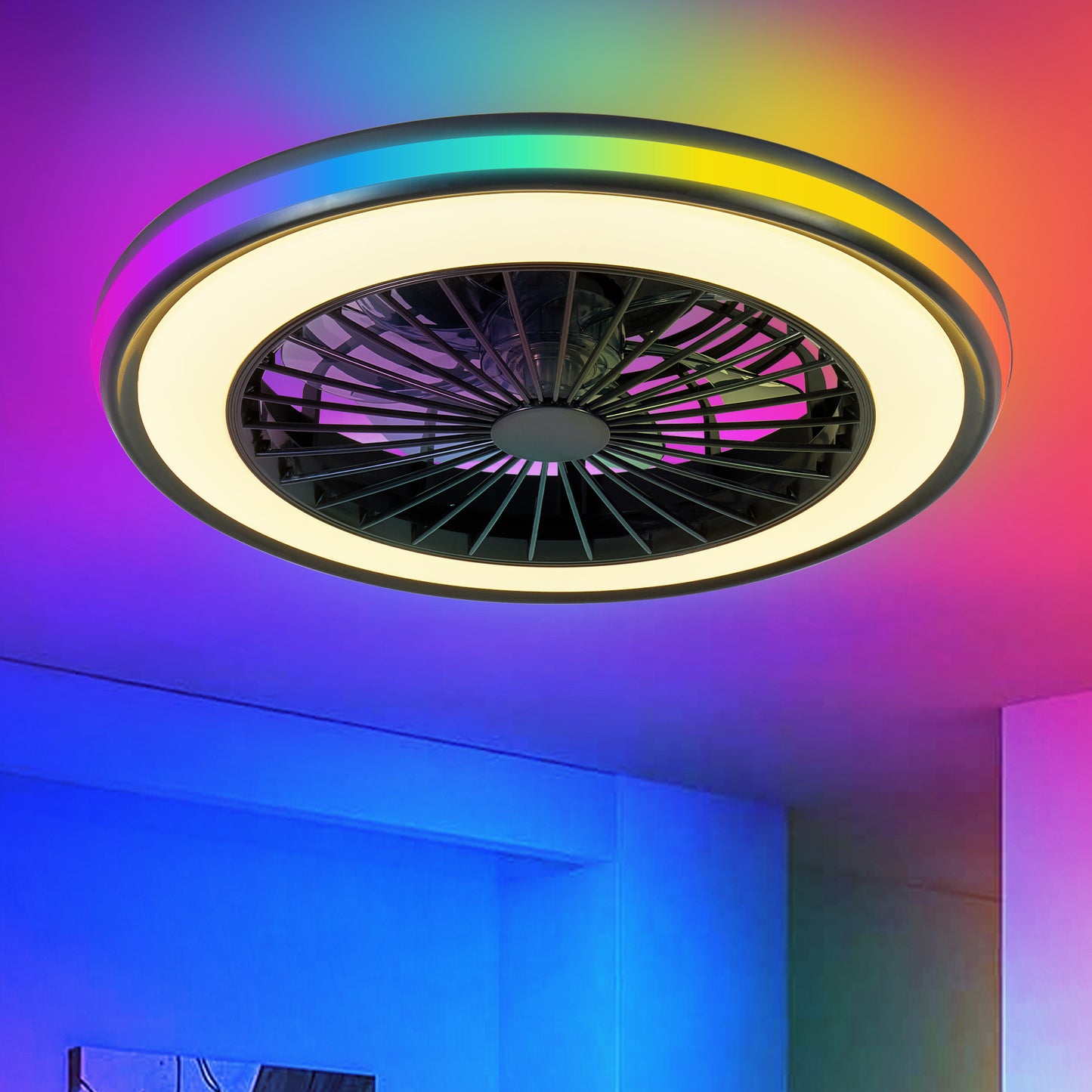 Modern LED Ceiling Light With Fan, RGB Ceiling Fan Lights, Infinitely Dimmable Light For Living Room, Bedroom, Office, 3000-4500-6000 K Black & 20  & RGB