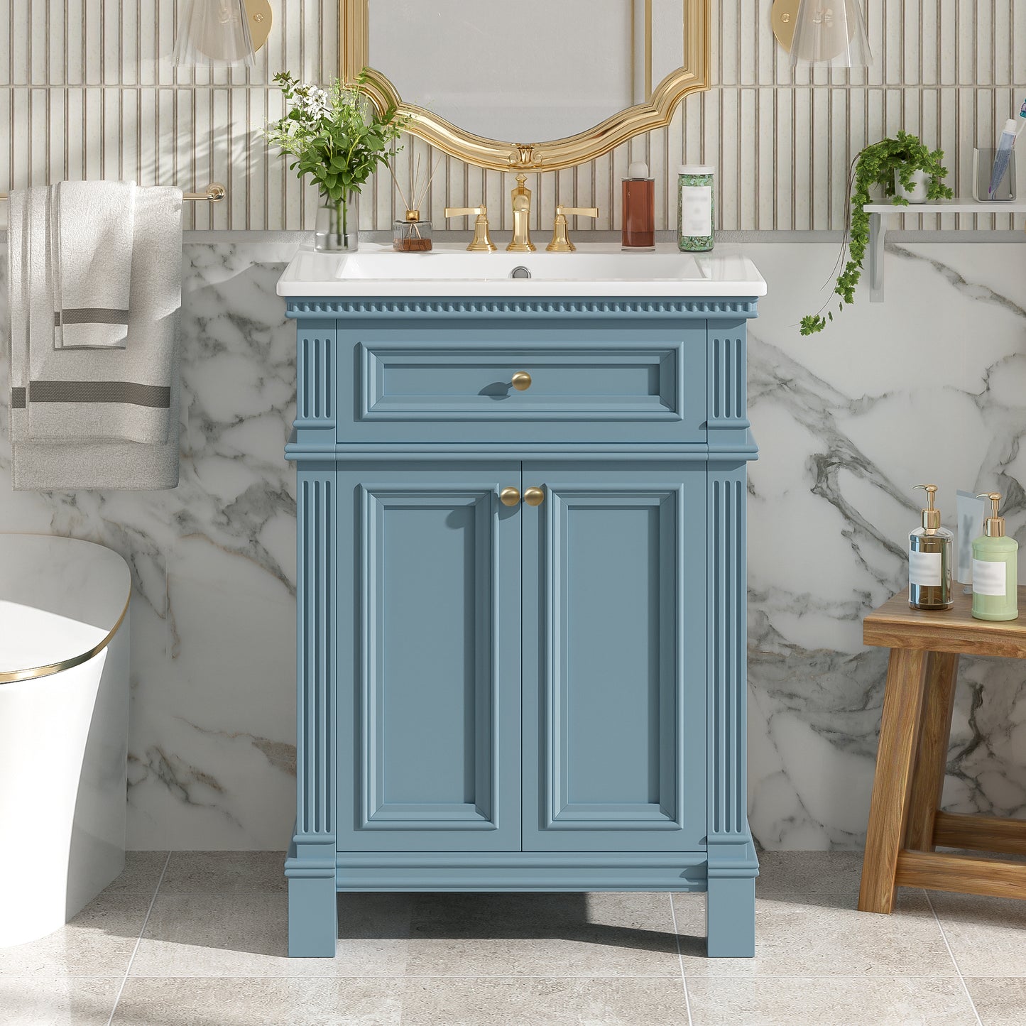 24   Vintage Elegance Bathroom Cabinet With Soft Closing Doors And Adjustable Shelf, Bathroom Vanity With Ceramic Sink