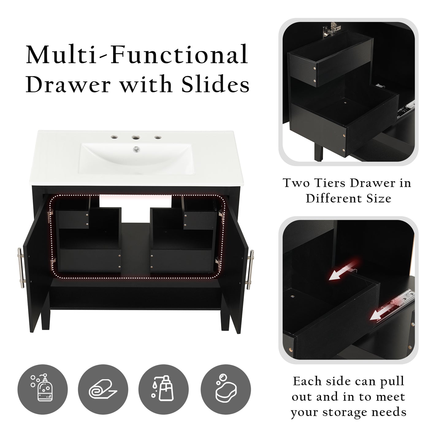 36  Bathroom Vanity With Sink, Multi-functional Bathroom Cabinet With Doors And Drawers, MDF Frame And MDF Board, Black
