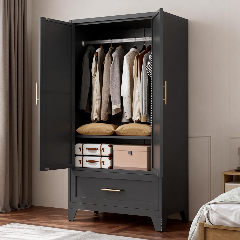 60inch Tall Metal Wardrobe Cabinet With 1 Drawer And Hanging Rod, 2 Doors Wardrobe Closet With Shelf For Bedroom, Office, Laundry Room,Entryway ,Foyer,Guesthouse Black