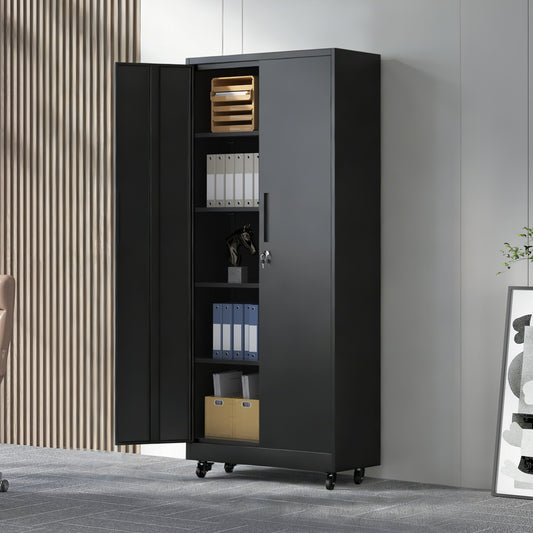 71H Metal Garage Storage Cabinet With Wheels And Lock, Heavy Duty Rolling Metal Cabinet, 4 Adjustable Shelves  180lb Each , 3-Point Locking Security, For Tool Organization In Garage, Workshop, Office