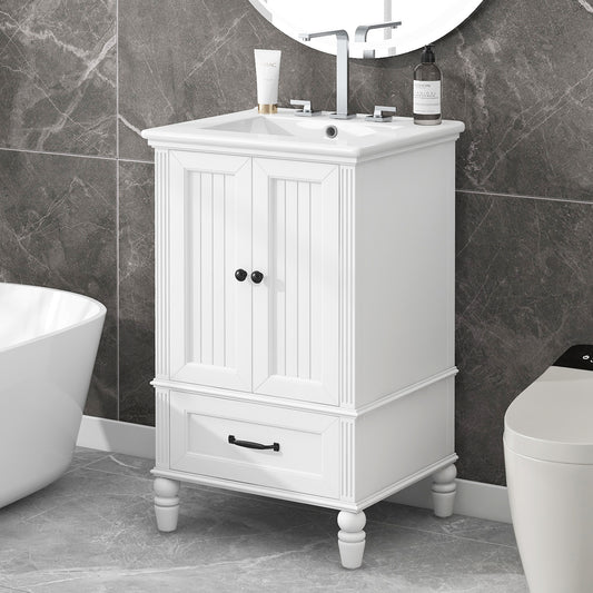 20 Bathroom Vanity With Sink, Bathroom Cabinet With Two Doors, Magnetic Door Stopper And  Adiustable Foot Pads, A Drawer, White