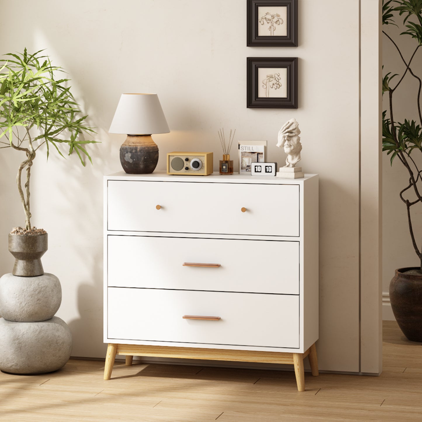 Nordic Style 3-Drawer Storage Cabinet, Modern White Chest Of Drawers With Rose Gold Handles & Solid Wood Base, Small Space Organizer For Office, Kids Room, Nursery