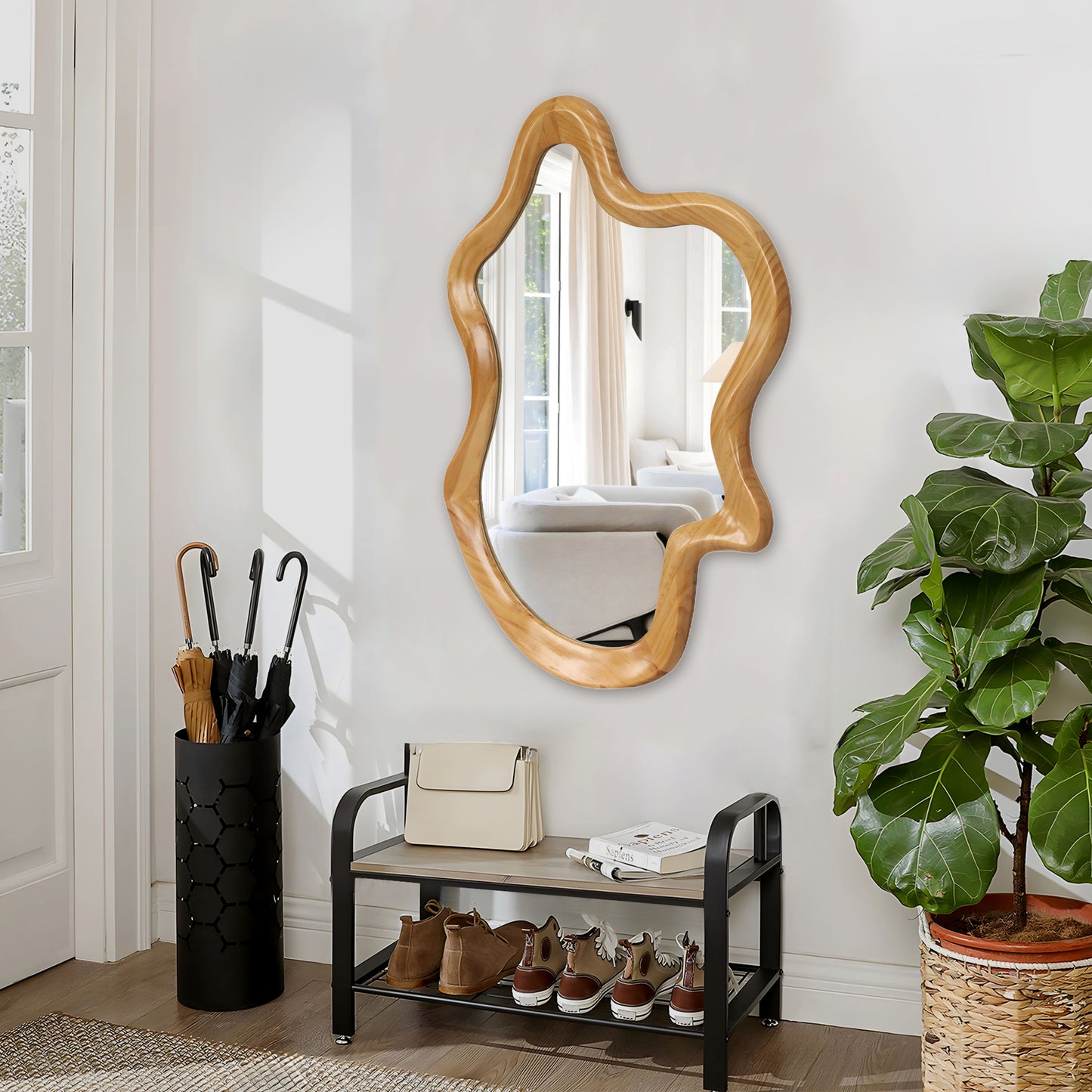 33.46  X 22.24  Irregular Shaped Wall Mirror With Natural Wood Frame