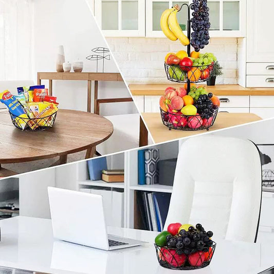 Fruit Basket With Banana Hanger Iron 2 Tier Detachable Countertop Fruit Storage Holder Stand For Living Room