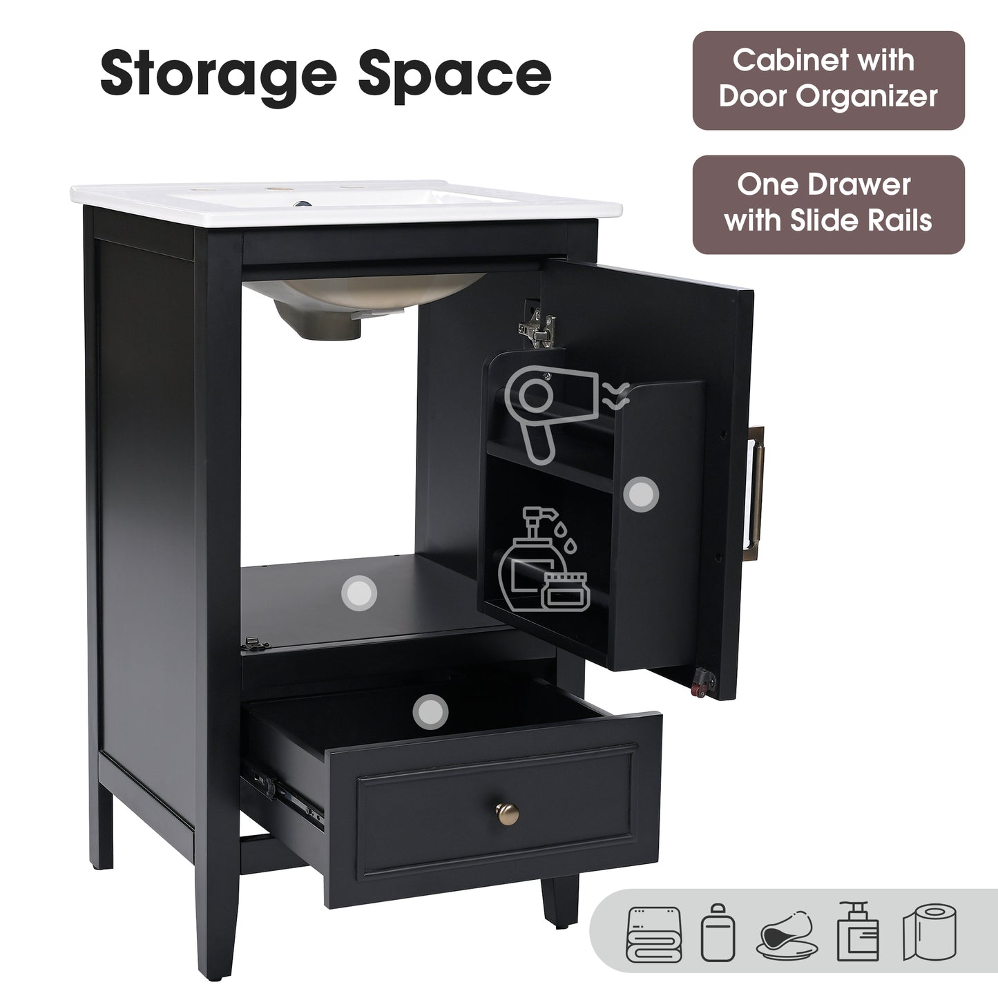 20 Bathroom Vanity With Sink, Bathroom Cabinet With A Door, Door Shelf Storage And Adiustable Foot Pads, A Drawer, Black