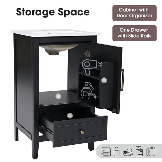 20 Bathroom Vanity With Sink, Bathroom Cabinet With A Door, Door Shelf Storage And Adiustable Foot Pads, A Drawer, Black
