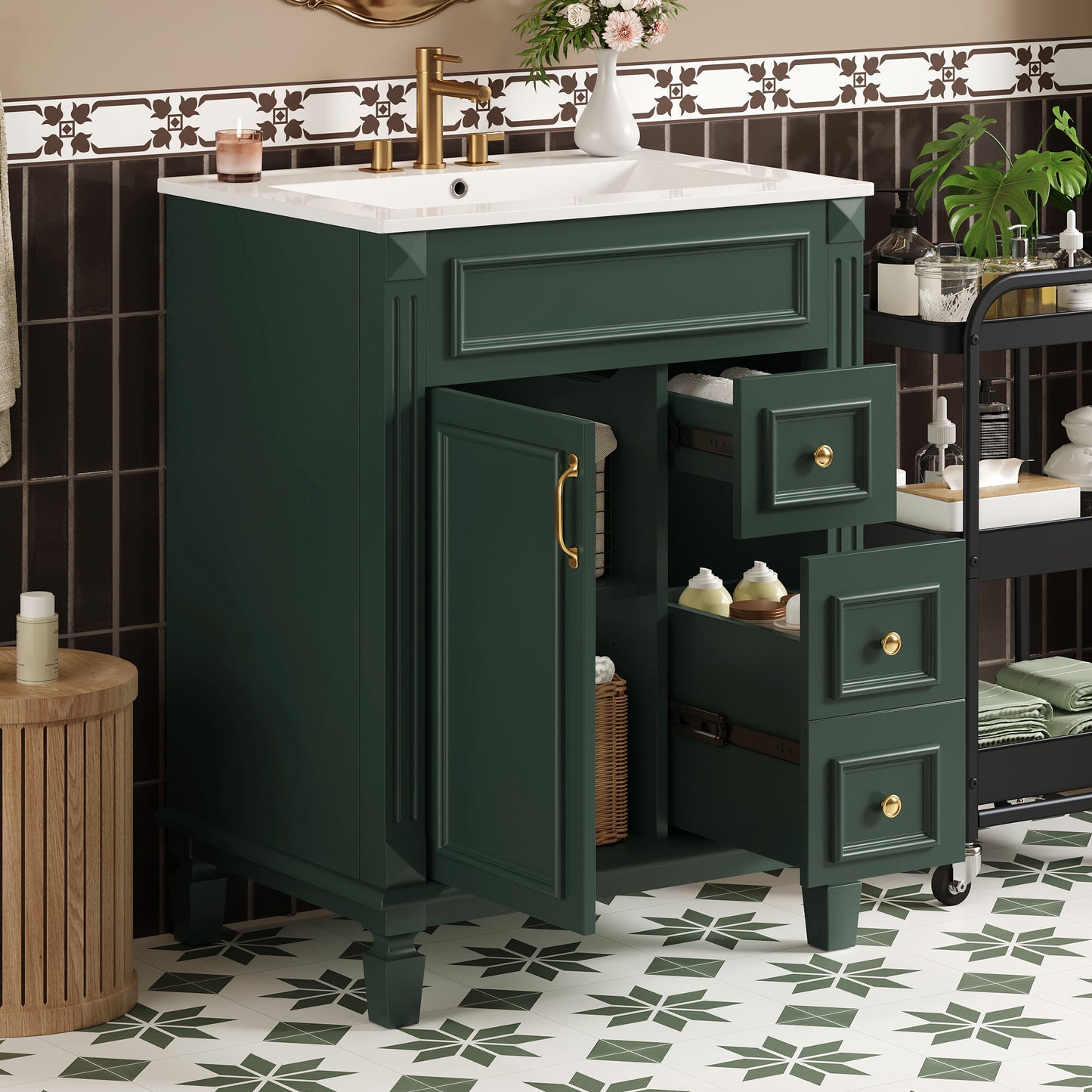 24   Bathroom Vanity With Ceramic Sink, Small Bathroom Sink Cabinet, Modern Cabinet With 2 Drawers And Adjustable Shelf