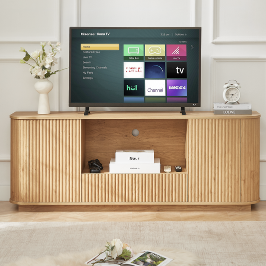 64-Inch Wavy TV Stand, Rounded Sideboard, Storage Cabinet, Wooden Vertical Stripe Cabinet For Living Room Bedroom Entryway. Natural,64''W X 15''D X 24''H.