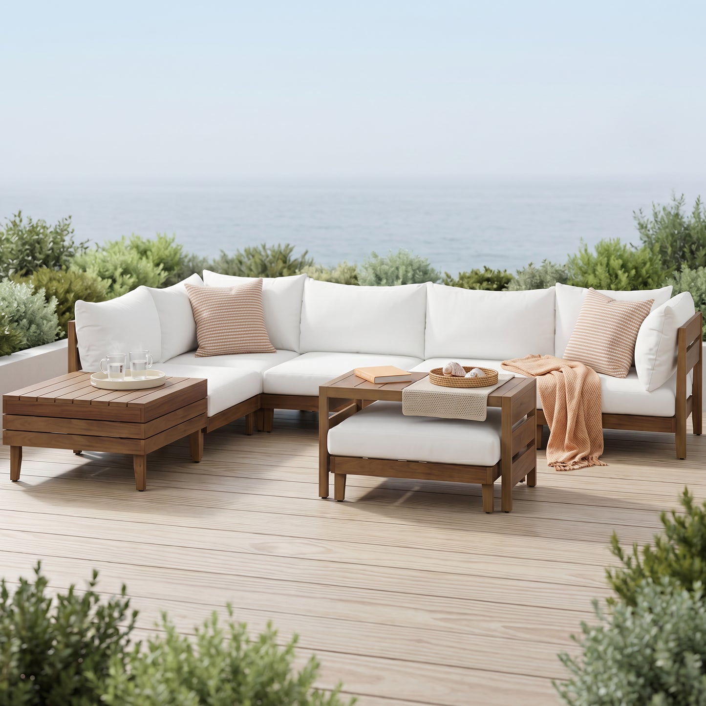 TOPMAX 8-Piece Acacia Wood Outdoor Patio Sofa Set, Modular Sectional Furniture Set With Storage Tea Table, Coffee Table And Cushions For Backyard, Poolside, Indoor&Outdoor, Beige