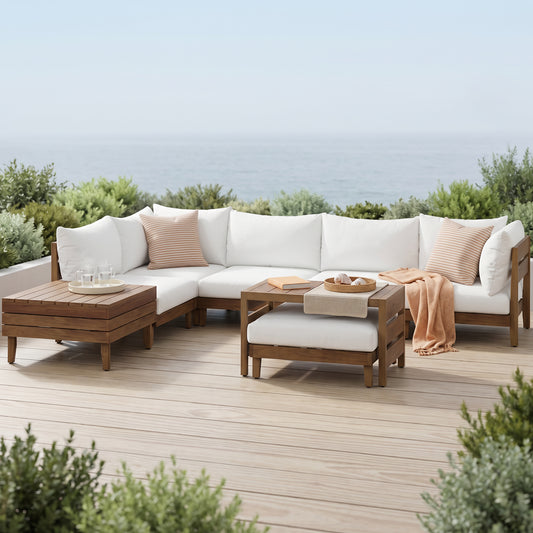 TOPMAX 8-Piece Acacia Wood Outdoor Patio Sofa Set, Modular Sectional Furniture Set With Storage Tea Table, Coffee Table And Cushions For Backyard, Poolside, Indoor&Outdoor, Beige