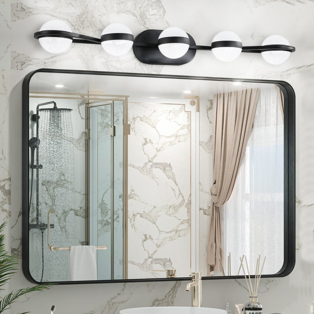 Modern Minimalist Bathroom Vanity Light, LED 5 Bulb Frosted Glass Shades, Wall Mounted Decorative Lighting Fixture, Suitable For Bathroom Vanity Mirror  Black