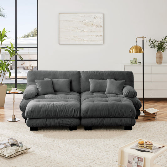 Cloud Couch Sleeper Sofa For Living Room, Chenille 2 Seater Sofa With 2 Lumbar Pillows And 2 Throw Pillows , Upholstered Wide Arm Sofa With 2 Ottomans,Chenille Gray