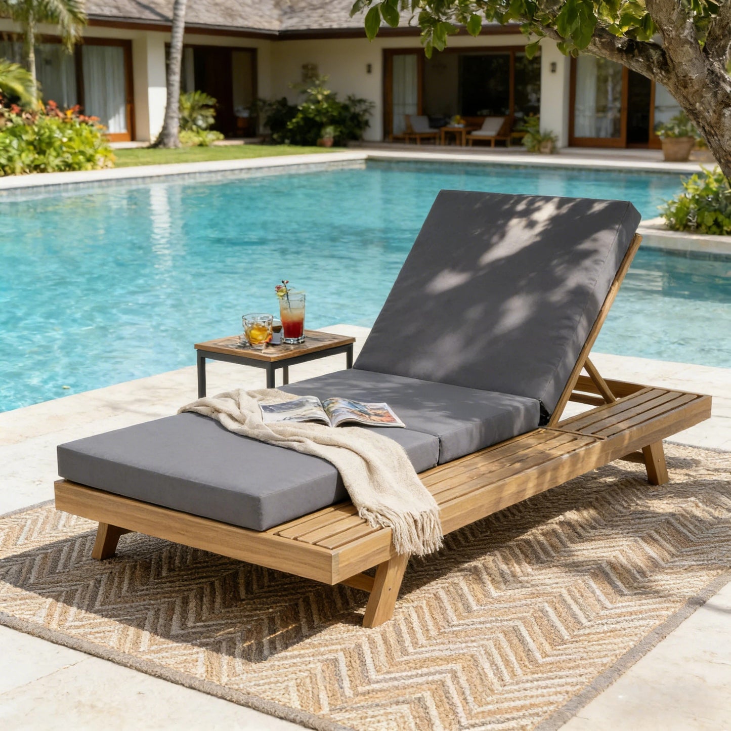 Lounge Chaise Set, Space Available On One Side, Acacia Solid Wood In Light Brown With Lounge Cushion  Dark Grey & Triple Fold  -Matching Cream Version Available