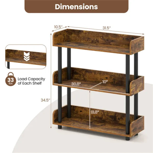 3-Tier Industrial Bookshelf With Anti-Falling Guardrails, 33 LBS Per Shelf Storage Organizer - Rustic Brown