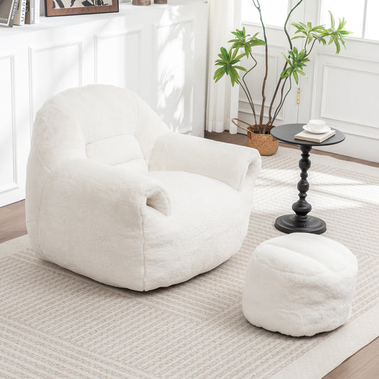 Bean Bag Chair, Comfy Bean Bag Sofa With Back Support, With Footstool,Faux Fur Bean Bag Chair For Adults And Kids, Stuffed Floor Sofa For Living Room, Bedroom, Apartment, White
