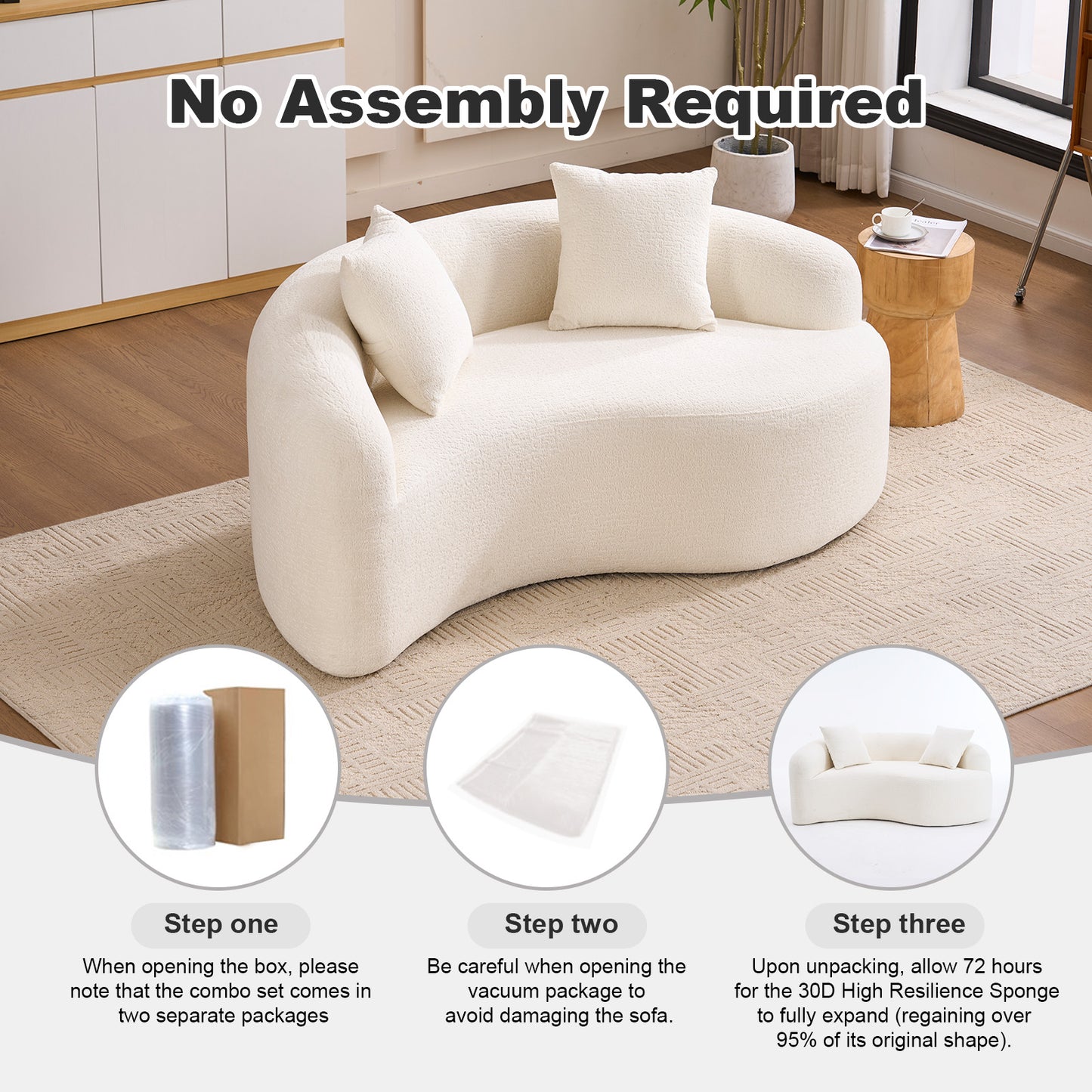 LY 042 S-Curved Chenille Sectional Sofa Dual-Depth  21.3 & 26.8   White  No Assembly  Compact For Small Spaces  400 Lbs  66.9 L