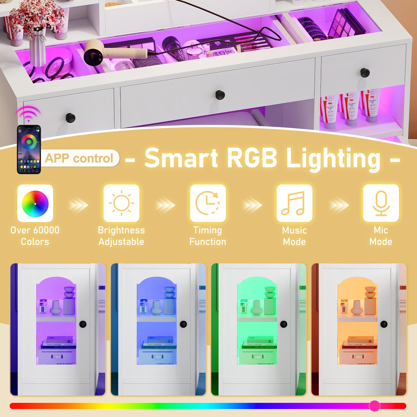 43.2  Vanity Desk With LED Mirror And Lights, Glass Top Vanity With RGB Glass Light Cabinets, Dressing Table With 3 Drawers ,Storage Shelves And Stool For Bedroom, White
