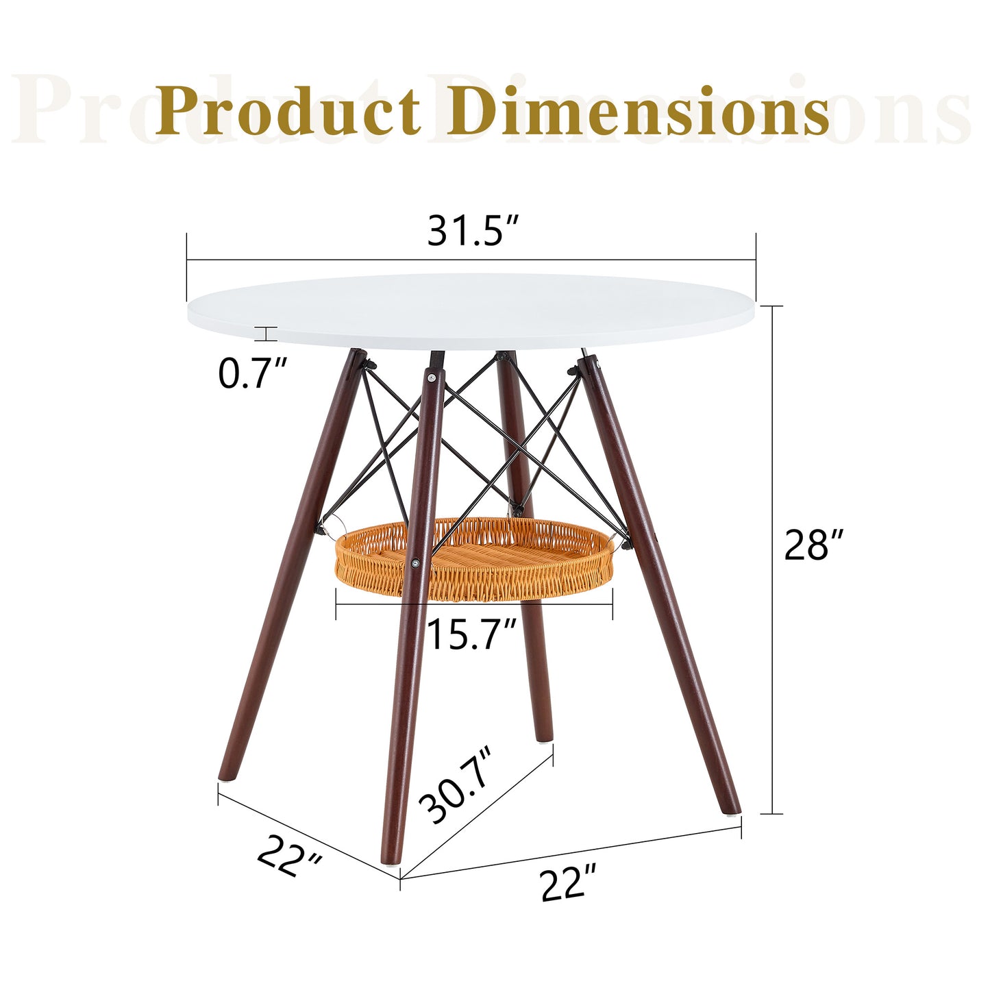 31.5-inch Diameter Circular Dining Table, White MDF Vacuum Formed Tabletop, Walnut Solid Wood Legs, With Suspended Woven Storage Basket Structure. A Casual Coffee Table Suitable For 2-4 People.