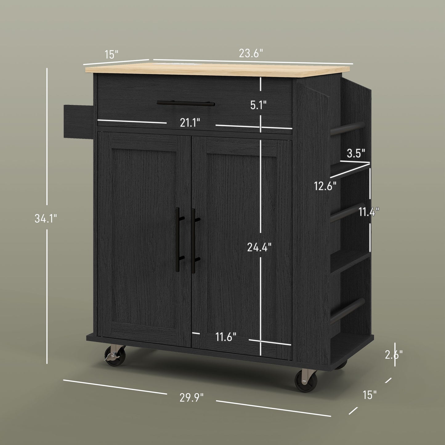 Rolling Island With Wheels For Kitchen, Kitchen Island On Rollers With Power Outlets, Drawer, And Doors, Black