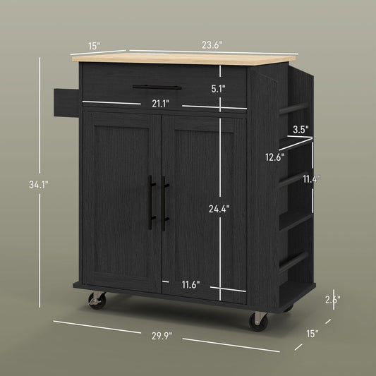 Rolling Island With Wheels For Kitchen, Kitchen Island On Rollers With Power Outlets, Drawer, And Doors, Black