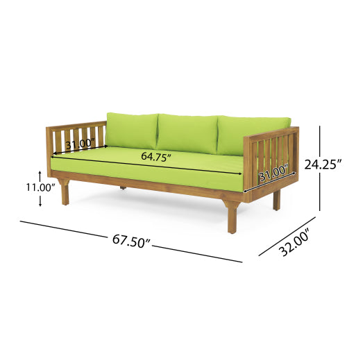 Acacia Wood Patio Furniture Set,Outdoor 3 Seater Daybed With Water Resistant Thick Cushions And Round Coffee Table, Green Cushion