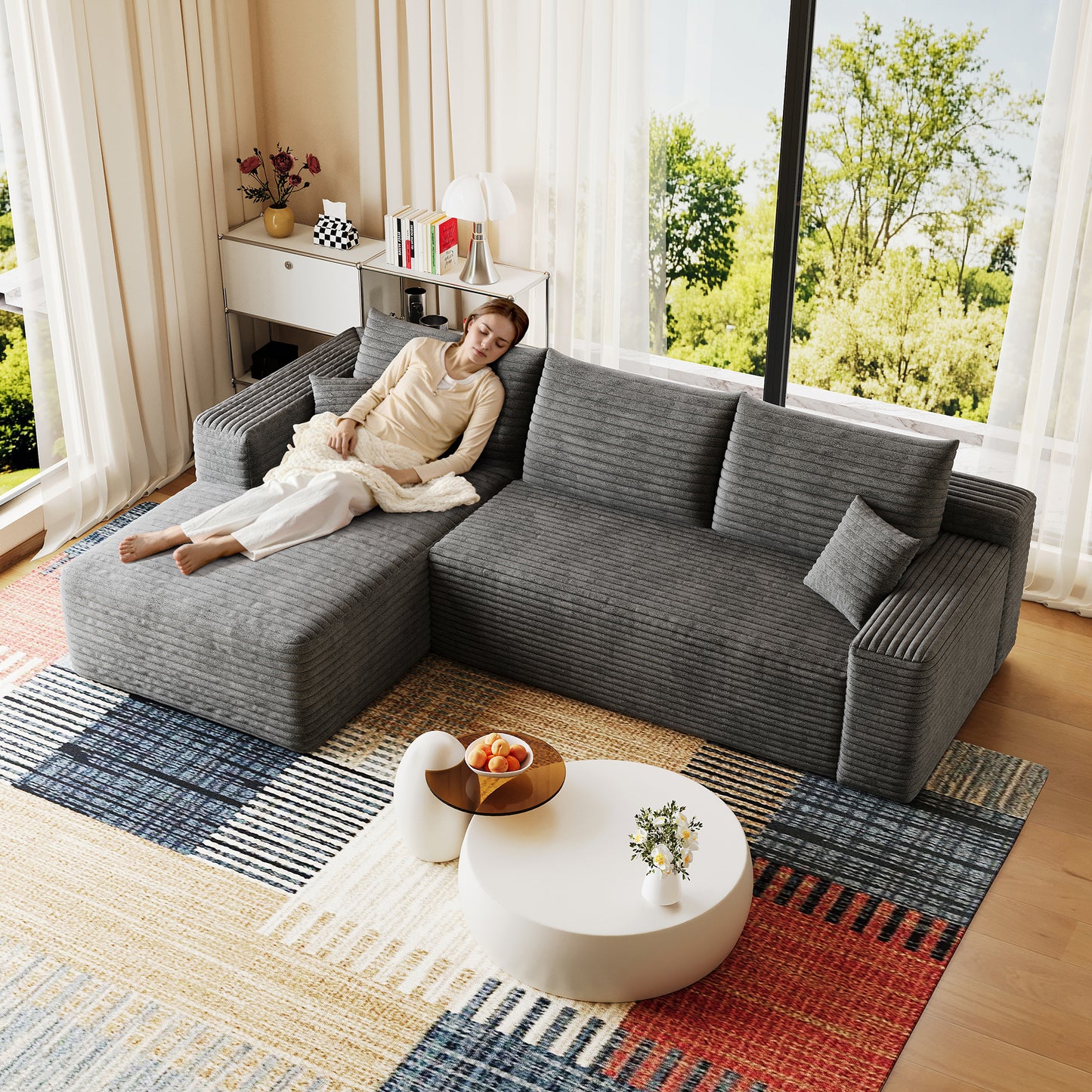 95  Cloud Sectional Sofa,Modern Minimalist Upholstered Couches, Comfort U Shaped Sofa For Living Room,Deep Seat Corner Couch,No Assembly Required,Dark Grey   Plush Corduroy Fabric