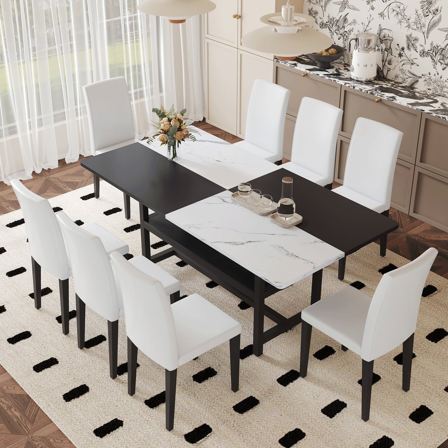 Table And Chair Set.71x35.4 Inch White And Black Spliced Dining Table With Storage Function In The Middle Of The Table Legs.Paired With 8 White PU Dining Chairs, Simple And Versatile.
