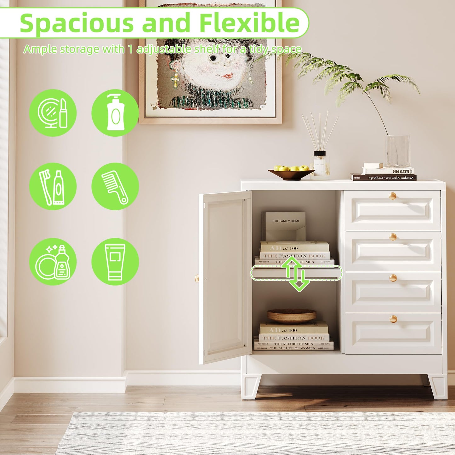 Bathroom Storage Cabinet With 4 Drawers,Metal Bathroom Floor Cabinet With Door And Shelves,Toilet Paper Storage Cabinet For Bathroom,Home,White