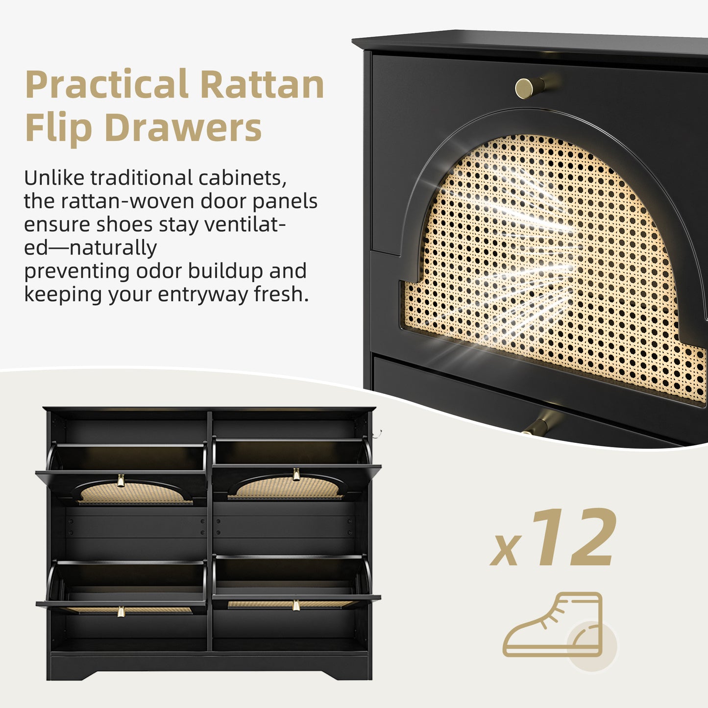 Mid-Century Narrow Design Tipping Bucket Shoe Cabinet With 4 Flip Drawers, Elegant Entryway Shoe Organizer With 4 Rattan Doors, Freestanding Shoe Rack With 2 Silvery Hooks For Hallway, Black, 42.1 W