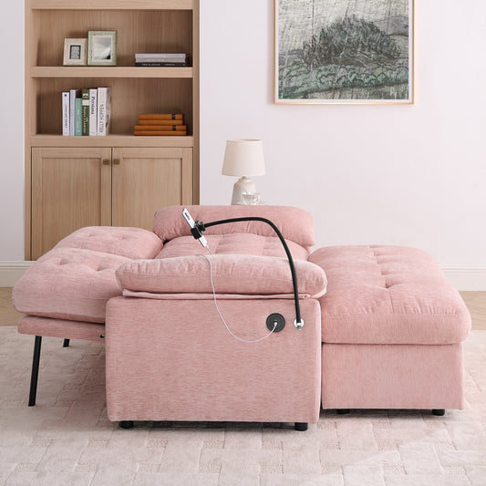 Leisure Sofa Chair,Double Sofa Recliner, With Manually Adjustable Backrest, Soft Padded Armrests, Side USB Charging Port And Phone Stand, Comes With A Matching Storage Ottoman-Pink