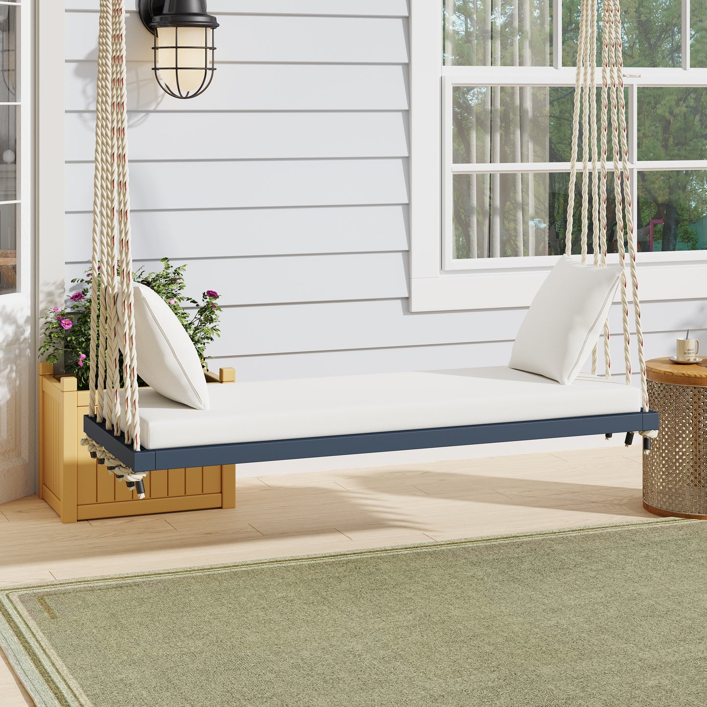 TOPMAx Patio Wooden Swing Chair  Hanging Porch Swing Bench With Cushion&Pillows  10.8Ft Hemp Ropes For Garden  Lawn Gray