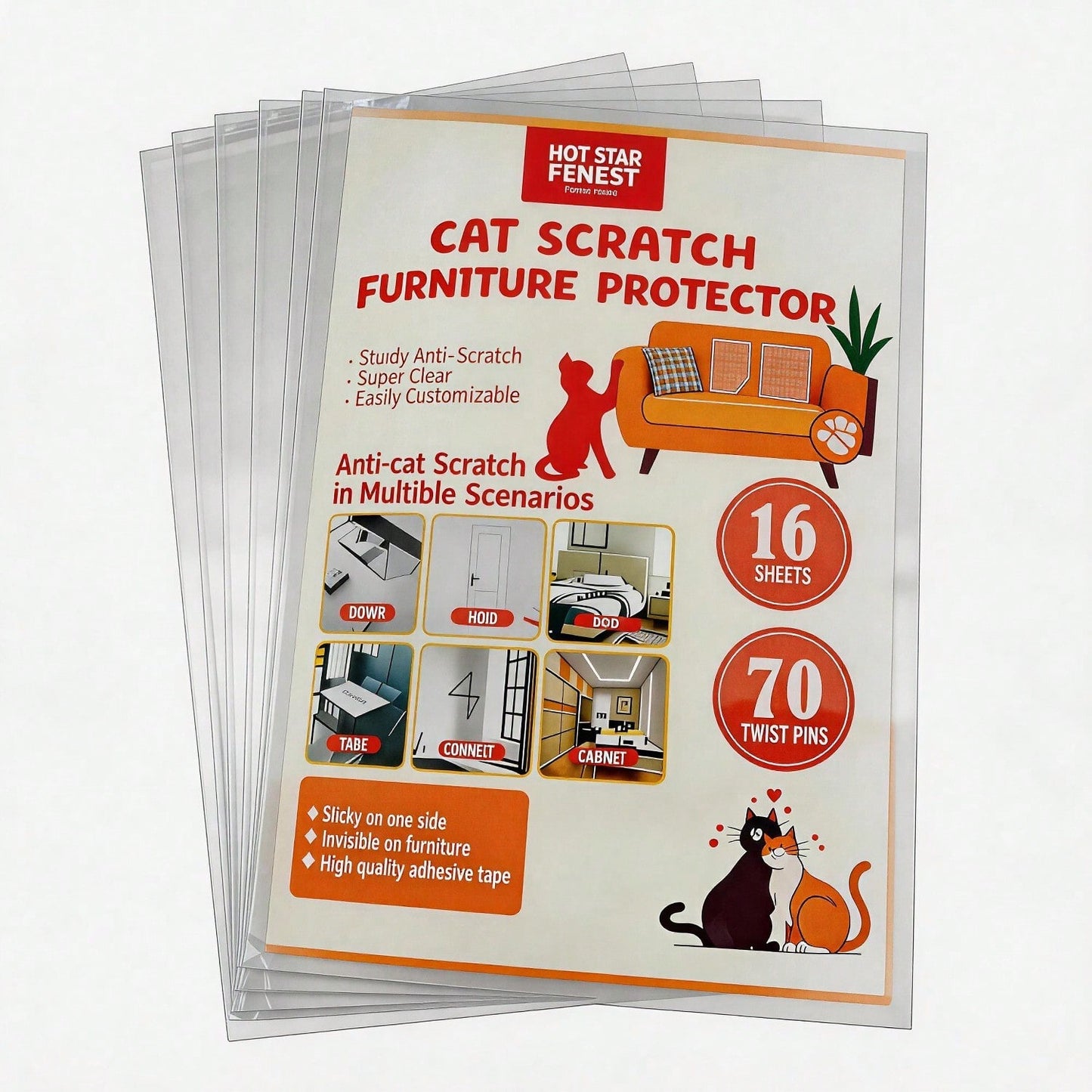 Cat Scratch Furniture Protector Set 16 Clear Sheets, Incldes 8 Sheets Of 279 358mm And 8 Sheets Of 140 358mm, 70 Twist Pins, Invisible Anti Scratch Guards For Sofa, Door, Bed, Table, Cabinet