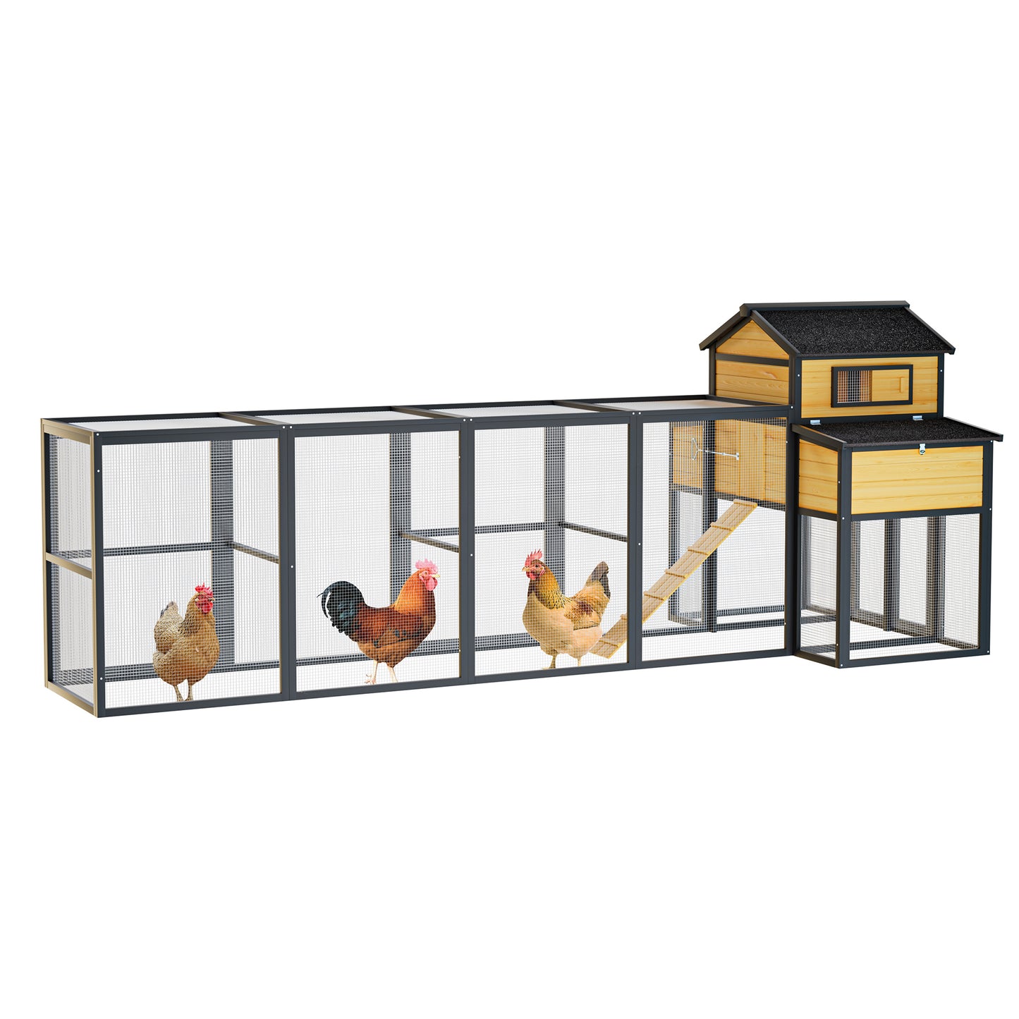 150 Black Large Wooden Chicken Coop Outdoor Hen House With Run And Nesting Boxes, Pull-Out Tray, Sliding Door, Predator-Proof Wire Mesh For 4-6 Chicken