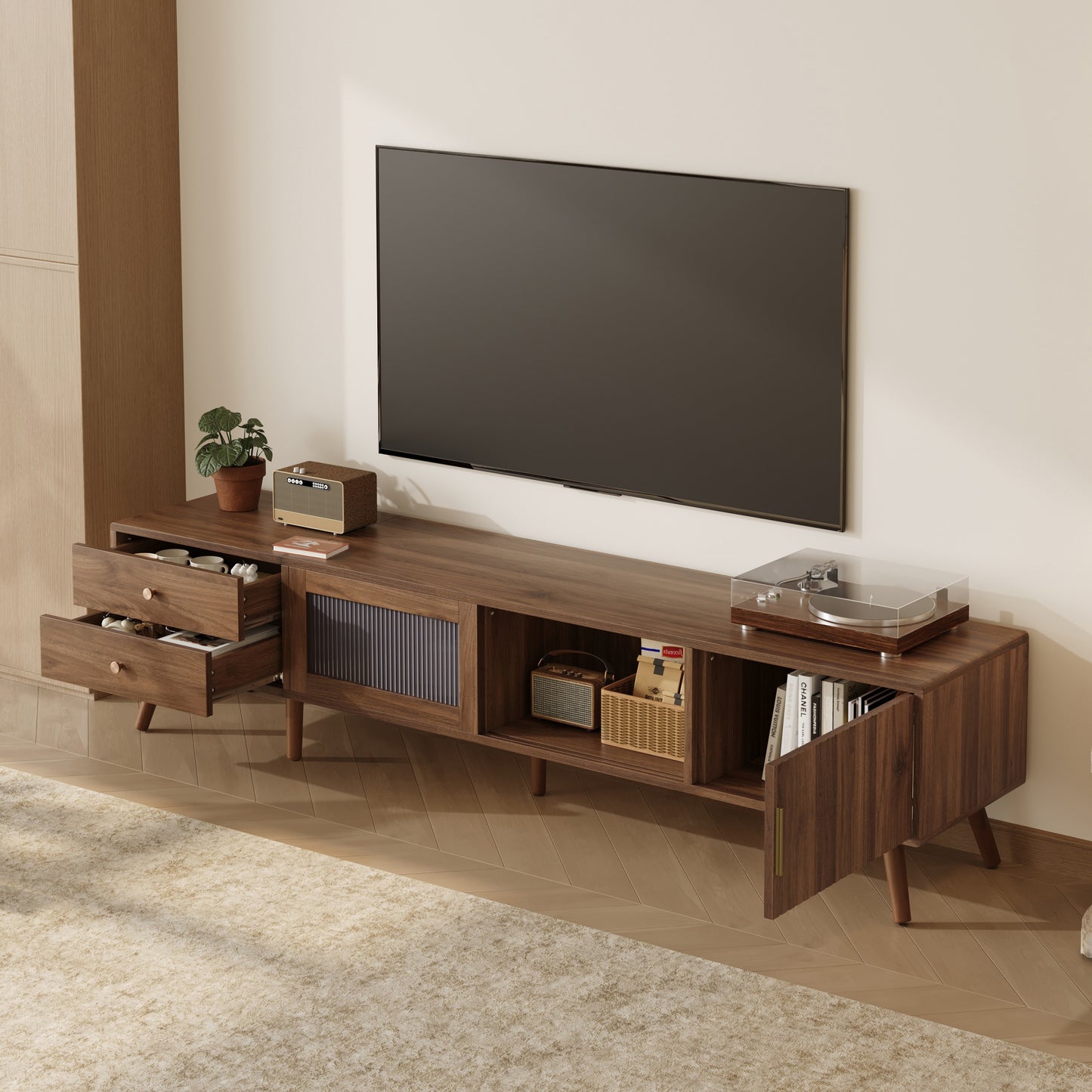 76   Modern Minimal Glass-Doors TV Stand For TVs Up To 85 Inches, Wood-Grain Entertainment Center With Storage Cabinets, TV Media Console Table For Living Room, Bedroom