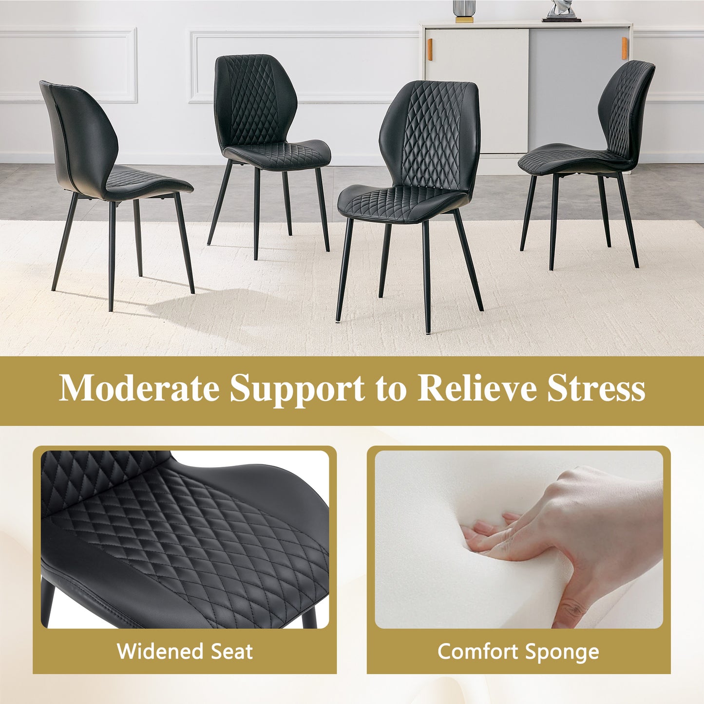 Set Of 4 Modern Light Luxury Black Diamond-quilted PU Chairs With Black Metal Legs. Suitable As Upholstered Dining Chairs With Backrests For Home Dining Rooms, Adaptable To A Wide Range Of Scenarios.