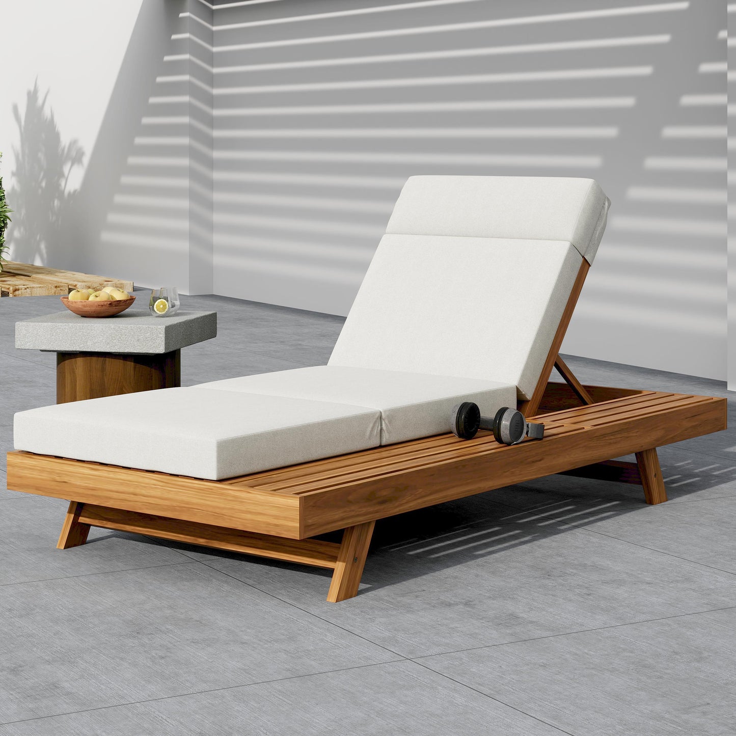 LOUNGE CHAISE SET WITH HEADREST,SPACE AVAILABLE ON ONE SIDE, ACACIA WOOD WITH WATER-RESISTANT LOUNGE CUSHIONS  CREAM & 3-FOLD & 4 Inch  - MATCHING DARK GREY BEIGE VERSION AVAILABLE