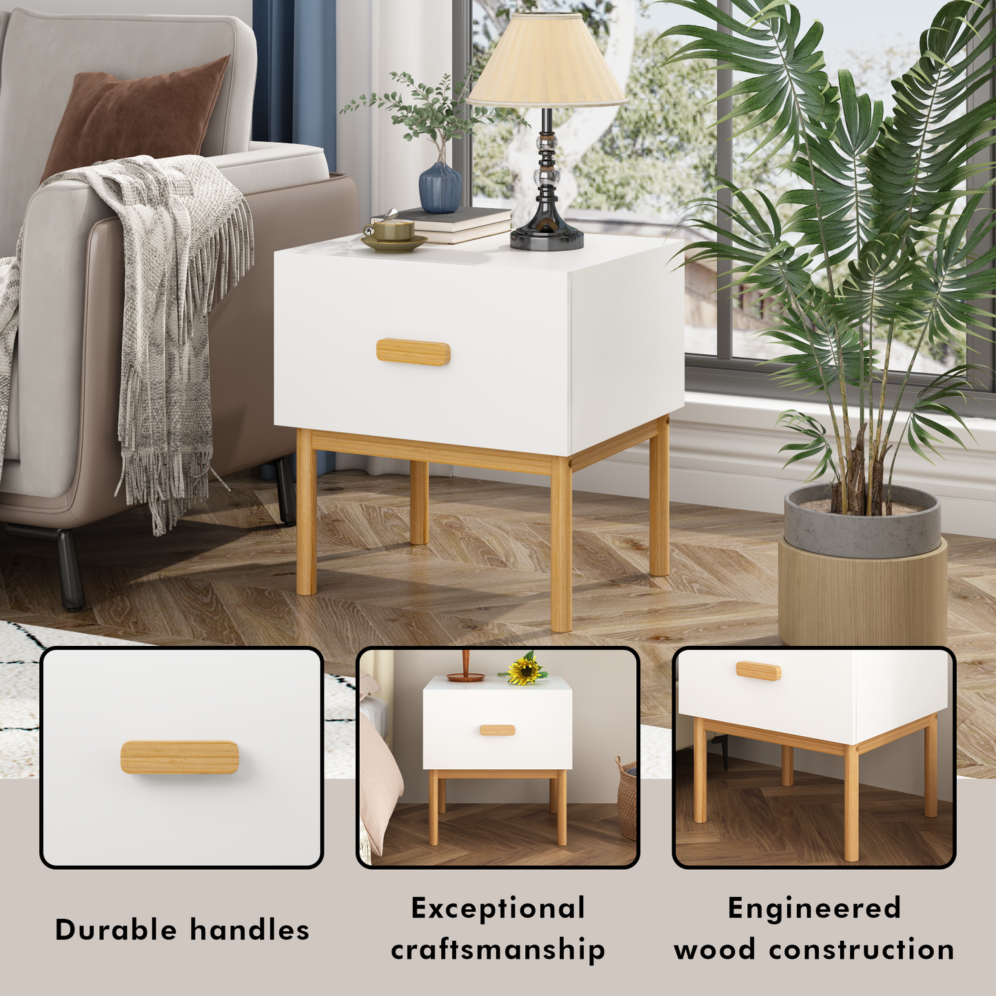 Modern White Nightstand With Drawer And Wood Legs, Minimalist Bedside Table With Handle For Bedroom, Living Room, Apartment