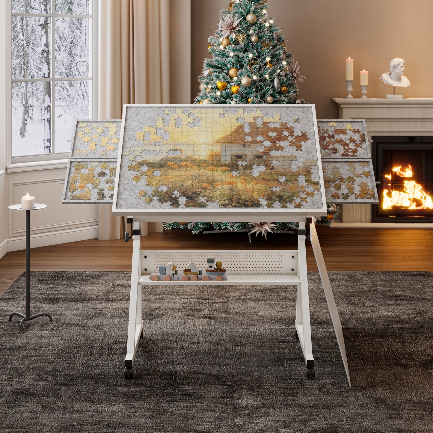 1500 Pieces Jigsaw Puzzle Metal Table Board For Adults Gift With 4 Trays White