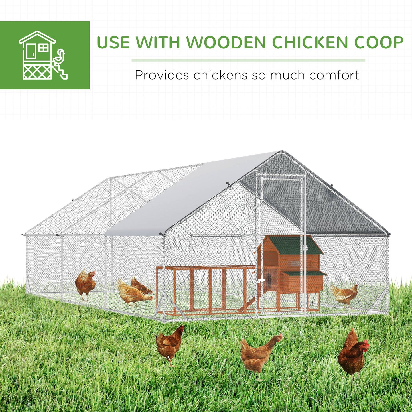 PawHut Large Chicken Coop Metal Chicken Run With Waterproof And Anti-UV Cover, Spire Shaped Walk In Fence Cage Hen House For Outdoor And Yard Farm Use, 1 Tube Diameter, 9.8 X 19.7'X 6.6
