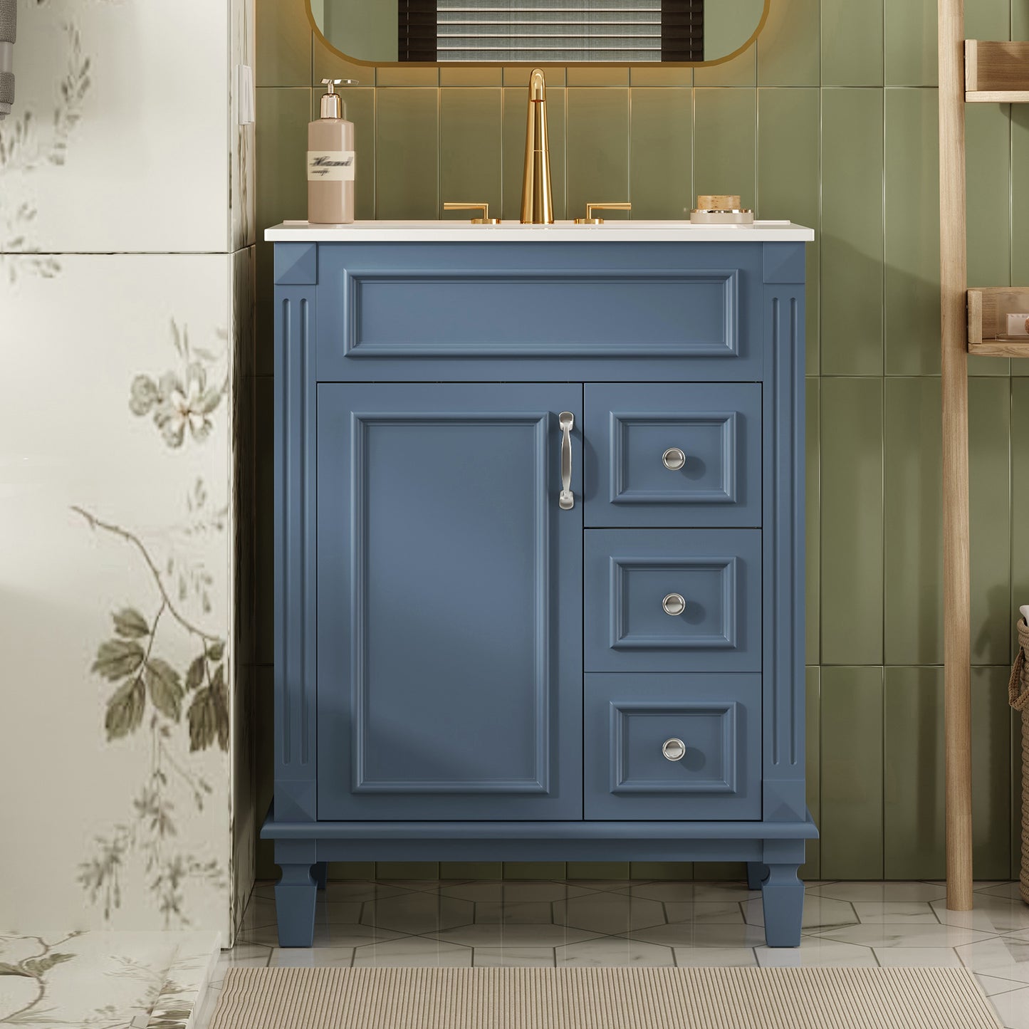 24   Bathroom Vanity With Ceramic Sink, Small Bathroom Sink Cabinet, Modern Cabinet With 2 Drawers And Adjustable Shelf
