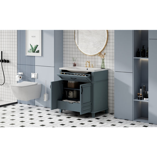 30'' Bathroom Vanity With Ceramic Sink,Solid Wood Frame Bathroom Storage Cabinet With Soft Closing Doors, Retro Style, Blue